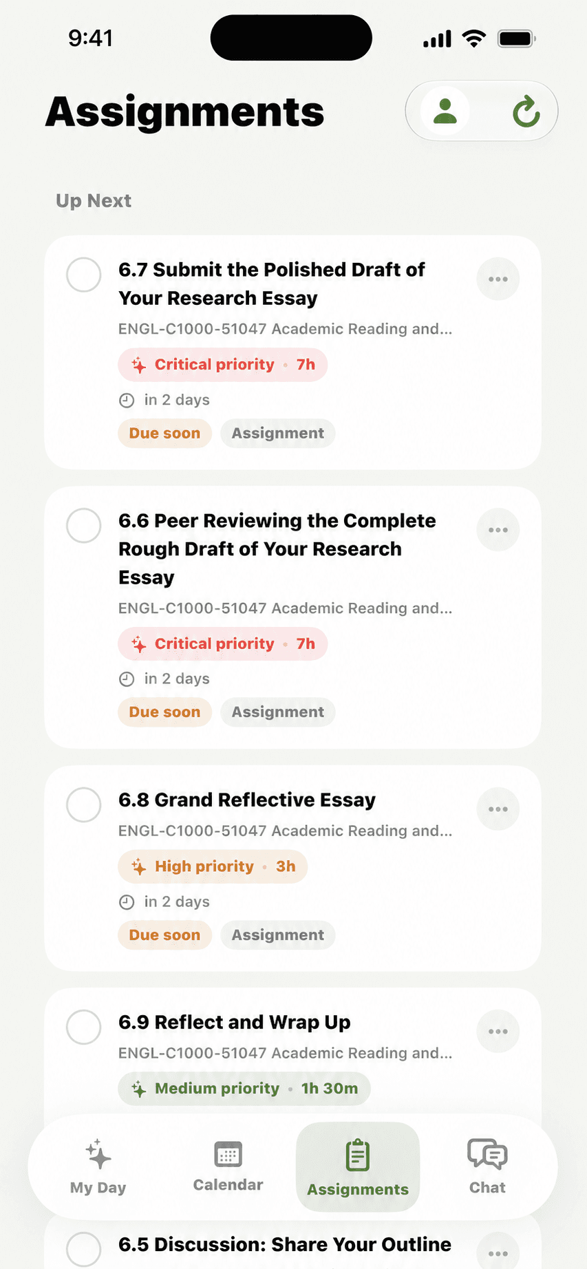 Tardy Assignments screen showing prioritized coursework