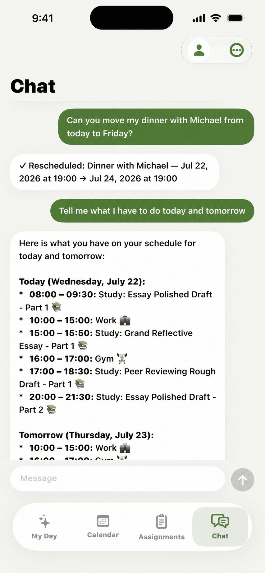 Tardy Chat screen confirming a requested schedule change