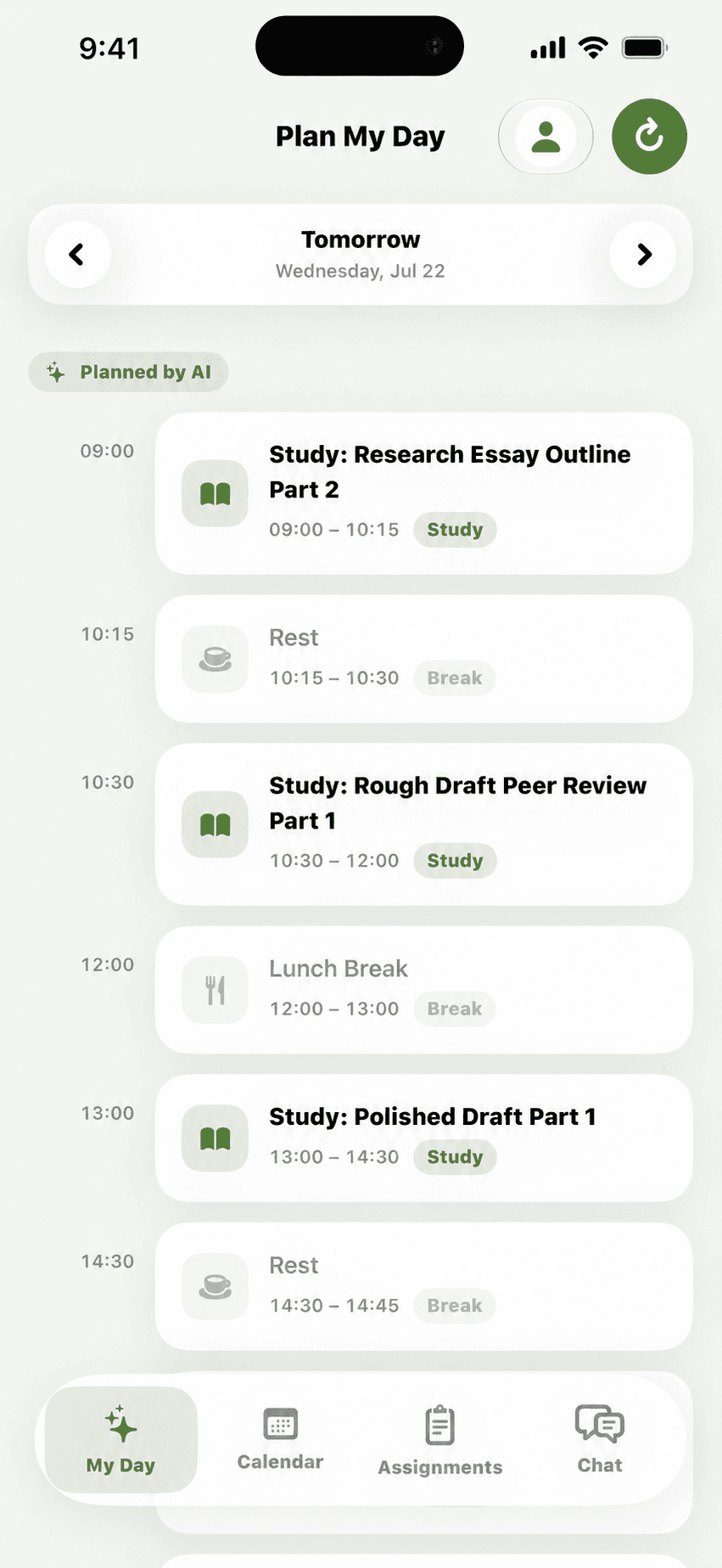 Tardy My Day screen showing a practical study plan around existing commitments
